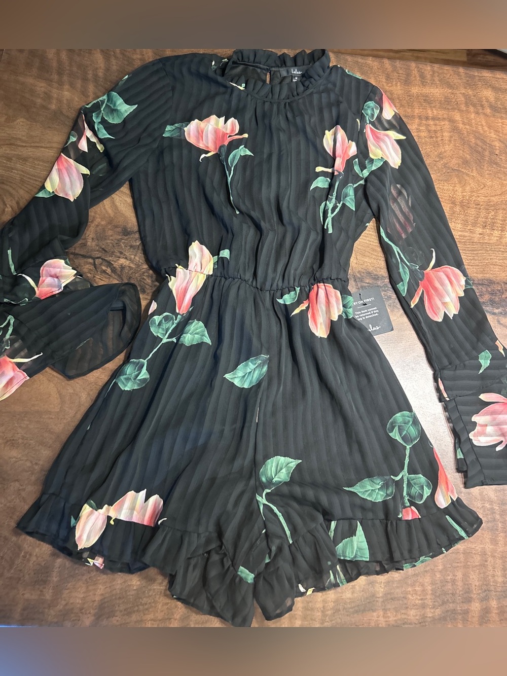 Lulus Talking Sweet Black Floral Print Long Sleeve Cutout Romper
